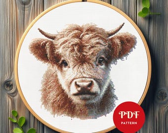Highland Cow Cross Stitch Pattern, Farm Animal Embroidery Design, Cow Needlepoint Chart, Easy Cross Stitch PDF Pattern, Instant Download,DIY