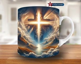 3D Cross In The Sky Mug Wrap, 11oz & 15oz Mug Template, Christian Mug Sublimation Design, Jesus Mug Wrap Template, Digital Download PNG, sun