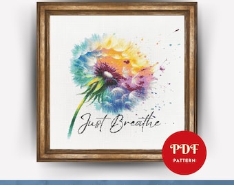 Colorful Dandelion Cross Stitch Pattern PDF, Just Breathe Embroidery (Pattern Keeper Compatible, Instant Download)