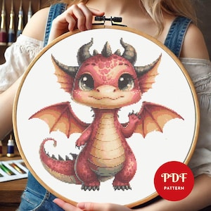 Red Dragon Cross Stitch Pattern, Mystic Embroidery Pattern, Cute Dragon Embroidery Design, Cross Stitch PDF Pattern File, Digital download