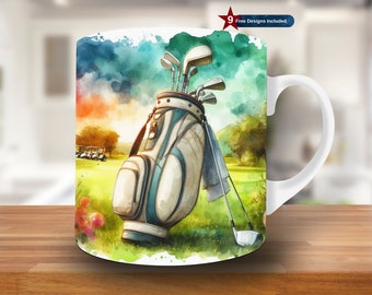 Watercolor Golf Bag Mug Wrap, 11oz & 15oz Mug Template, Golf Mug Sublimation Design, Mug Wrap Template,Digital Download PNG, golf lover gift