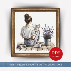 Girl Reading Book Cross Stitch pdf Pattern, Girl Embroidery Stitch Pattern, Embroidery,Woman Cross Stitch PDF Pattern File,Needlepoint Chart