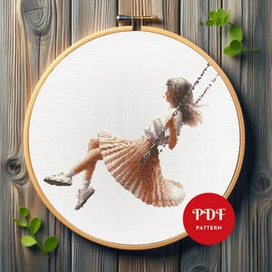 Girl on Swing Cross Stitch Pattern, Female Embroidery Design, Woman Needlepoint Chart, Easy Cross Stitch PDF Pattern, Instant Download, DIY
