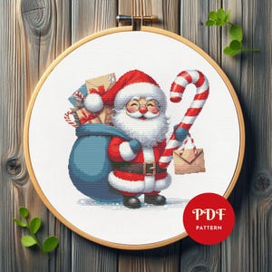 Papai Noel com Bengala Doce em Ponto Cruz, Desenho de Bordado de Natal, Gráfico de Bordado para Festas, Padrão Fácil de Ponto Cruz em PDF, Natal, Faça Você Mesmo