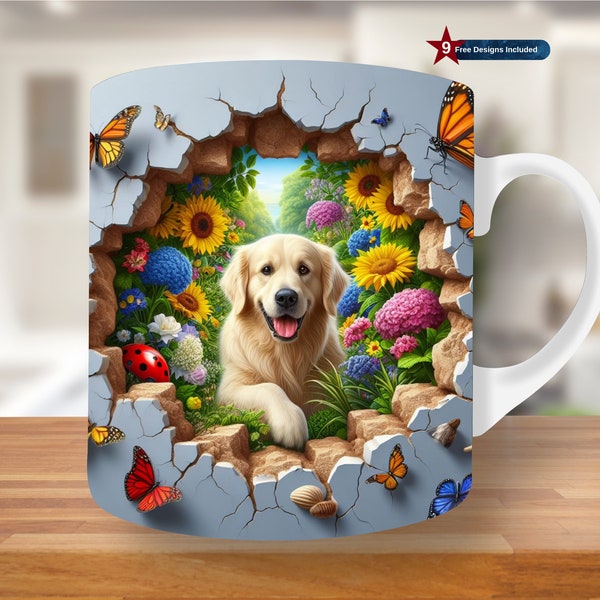 3D Golden Retriever Hole In A Wall Mug Wrap, 11oz & 15oz Mug Template, Mug Sublimation Design, Mug Wrap Template, Coffee Mug Wrap PNG,flower