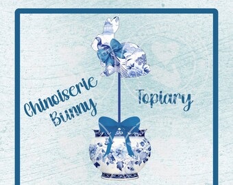Chinoiserie Bunny vormsnoei clipart, blauw en wit, png (directe download)