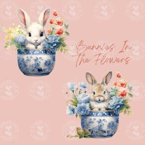 Konijntjes in de bloemen, konijntjes in chinoiserie-stijl plantenbak met bloemen, instant download met transparante achtergrond