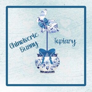 Chinoiserie blauwe en witte Bunny Topiary in een Chinoiserie plantenbak, blauwe strik, clipart, PNG, Instant Download, transparante achtergrond
