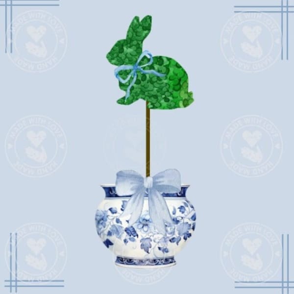 Bunny Topiary,  Blue Bow, Chinoiserie Style with Boxwood Bunny, Instant Download with a Transparent Background