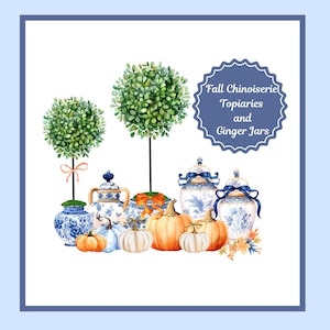 Herfst aquarel chinoiserie topiaries met gemberpotten, png, seizoensdecor, pompoenen en herfstbladeren, instant download, sublimatie