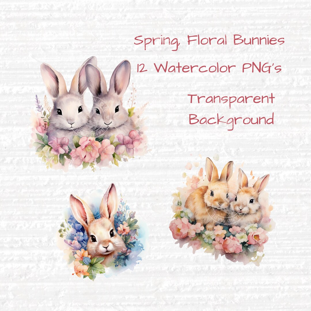 Watercolor Spring Floral Bunny Clipart, Instant Download, Printable, 12 ...
