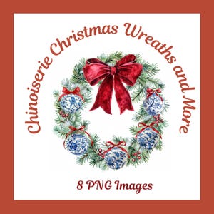 Aquarel kerstkrans PNG-bundel, chinoiserieornamenten en strikken, 8 digitale afbeeldingen voor vakantieambachten, uitnodigingen en kaarten