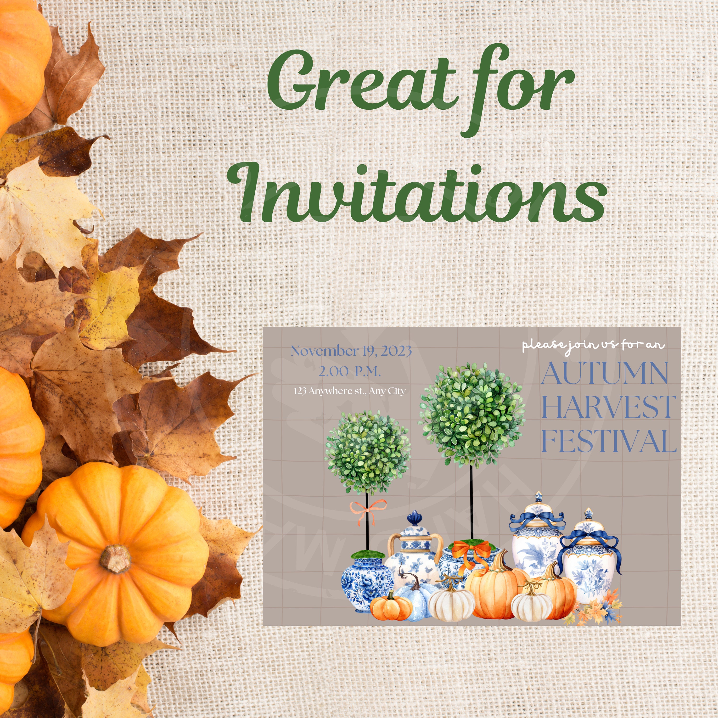Watercolor Fall Topiaries, Chinoiserie Ginger Jars (PNG Digital ...