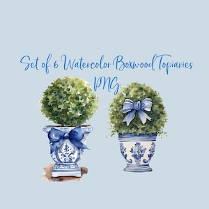 Aquarel Chinoiserie stijl blauw en wit Set Buxus Topiary, Clipart, PNG met transparante achtergrond, Instant Download