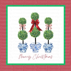 May include: Three topiary trees with green foliage and red and white striped bows. The trees are in blue and white ceramic pots. The text "Merry Christmas" is written in pink below the trees.