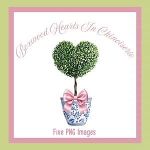 Chinoiserie ValentineClipart, hartvormig buxus in chinoiseriebakken, aquareltuin, Valentijnsdag, Moederdag, 5 png-afbeeldingen