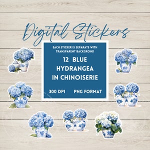 12 Individual Digital  Stickers, Hydrangea in Chinoiserie ,PNG Format, Print Then Cut, Cricut, Instant Download,