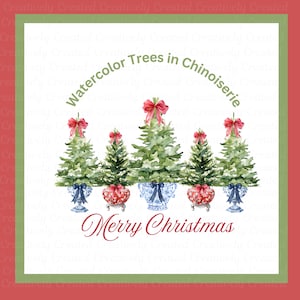 Set van 2 aquarel kerstboomgroeperingen in chinoiseriebakken, digitale kunst voor feestelijke feestdagen, sublimatie, cricut printen en snijden
