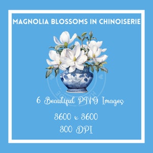 6 aquarel Magnolia's in Chinoiserie clipart, elegante bloemen graphics, transparante achtergronden, PNG-formaat, Instant Download