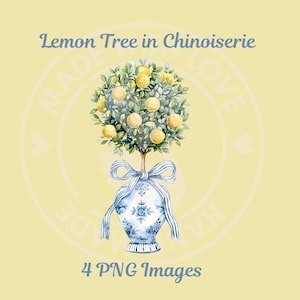 Set van 4 aquarel citroenbomen in Chinoiserie plantenbakken, PNGs, clipart, instant download, stationair, uitnodigingen, sublimatie