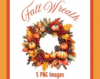 Watercolor Fall Pumpkin Wreaths, Autumn Leaves Clipart (PNG)