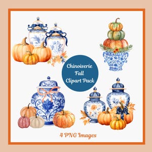Aquarel herfst clipartbundel, chinoiseriegemberpotjes, pompoenen in chinoiseriebakken, sublimatie, herfsthuisdecor, 4 png-afbeeldingen