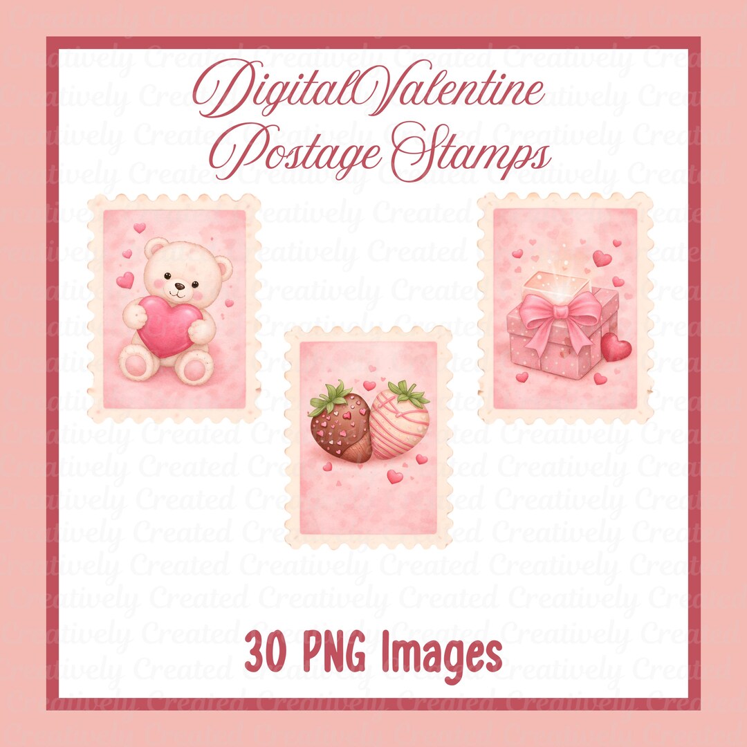Valentine Postage Stamp Clipart Bundle, Cute Pink Love Mail Pngs With ...