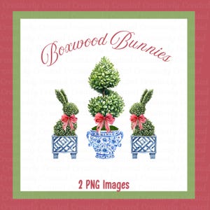 Peut inclure: Deux lapins en topiaire dans des pots bleus et blancs avec des nœuds roses. Le texte "Boxwood Bunnies" est au-dessus des lapins. Le texte "2 PNG Images" est en dessous des lapins.