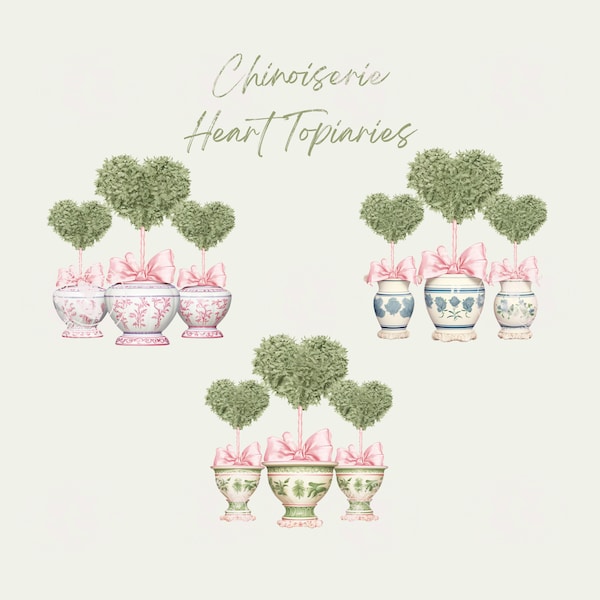 Three Chinoiserie Style Heart Topiaries, Pink, Blue, Green, Instant Download, Transparent Background, Clipart