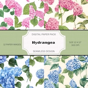 Puede incluir: Un paquete de papel digital con 12 patrones sin costuras de hortensias rosas y azules sobre un fondo blanco. El paquete mide 30,48 cm x 30,48 cm y 300 DPI.