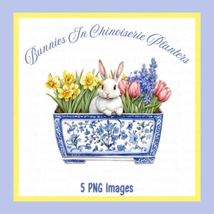 Frühlingshasen in Chinoiserie-Pflanzern, Osterblumenkunst, 5 PNG-Bilder, Hasenillustrationen, Sublimation, Druck und Schnitt, Sofort Download