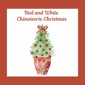 Set van 3 aquarelkerstbomen in rode chinoiseriebakken, decoratie voor de feestdagen, png-bestand, transparante achtergrond, Instant Download