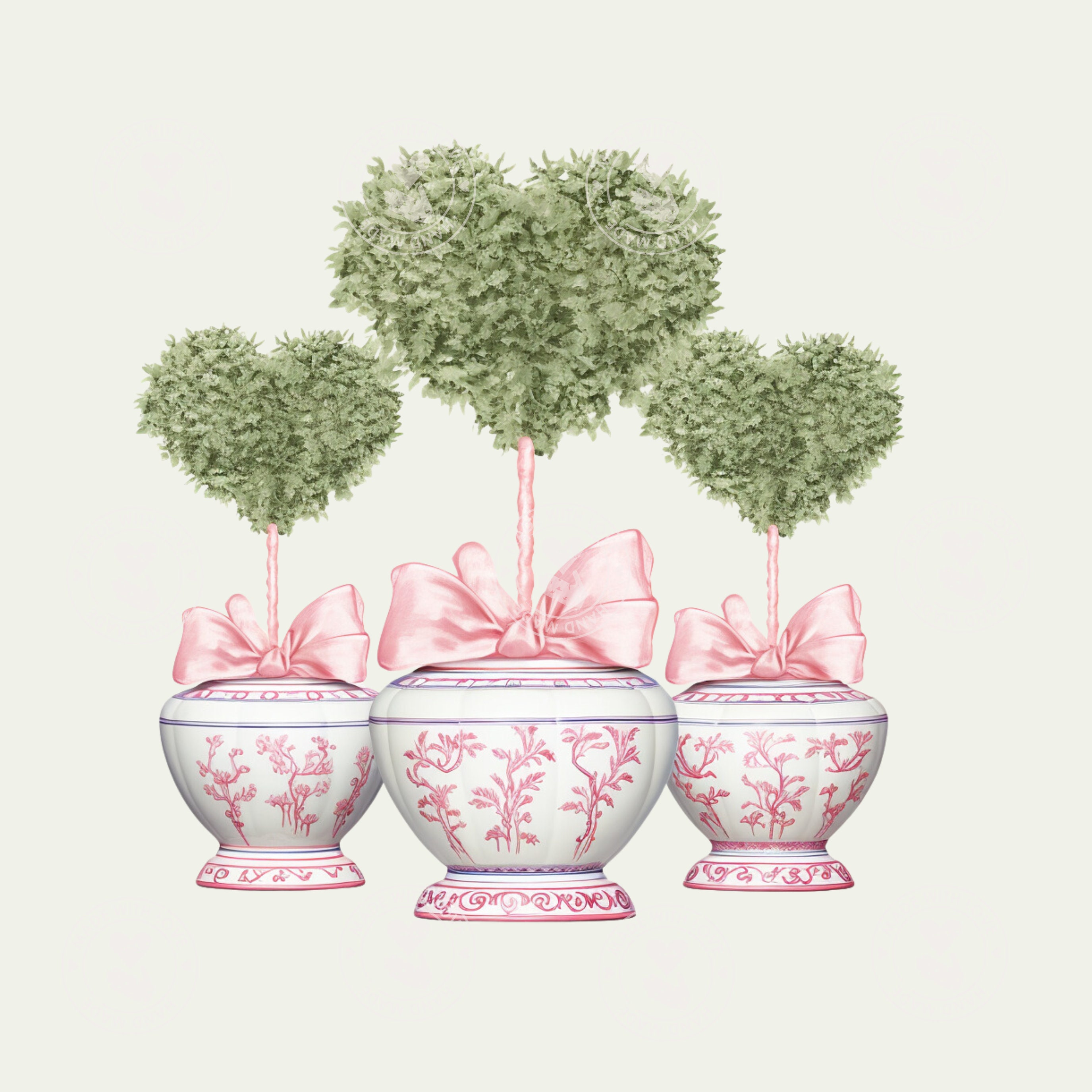 Three Chinoiserie Style Heart Topiaries, Pink, Blue, Green, Instant