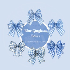 May include: Six blue and white gingham bows with a white circle in the center that says "Blue Gingham Bows 6 Transparent PNGs".