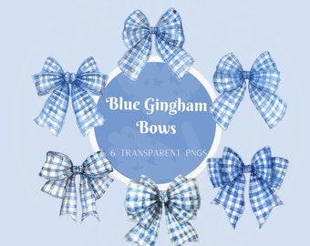 May include: Six blue and white gingham bows with a white circle in the center that says "Blue Gingham Bows 6 Transparent PNGs".