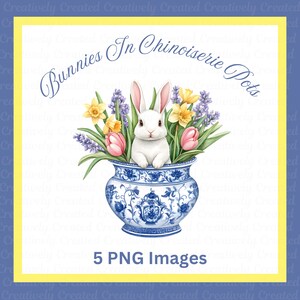 Puede incluir: Un conejito blanco sentado en una maceta de estilo chinoiserie azul y blanca llena de narcisos amarillos, tulipanes rosas y lavanda morada.