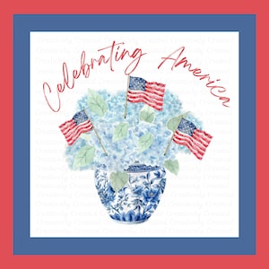 Aquarel patriottische chinoiserie met hortensia's, PNG, clipart, uitnodigingen, 4 juli, Amerikaanse vlaggen, woondecoratie, instant download, transparant