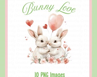 Valentine Bunnies Clipart, PNG Images for Cards, Stickers (Digital Download)