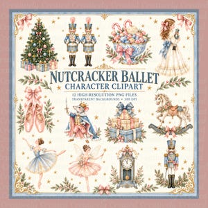 Peut inclure: Une collection numérique d'illustrations sur le thème du ballet Casse-Noisette comprenant un sapin de Noël, deux soldats, un bol de bonbons, une fille avec une poupée, des chaussons de danse, un roi souris, des cadeaux, un cheval à bascule et une horloge.