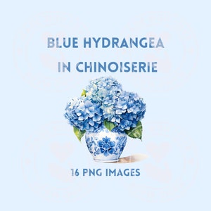 16 aquarel Chinoiserie stijl blauwe hortensia's, clipart, PNG-afbeeldingen, transparante achtergrond, Instant Download