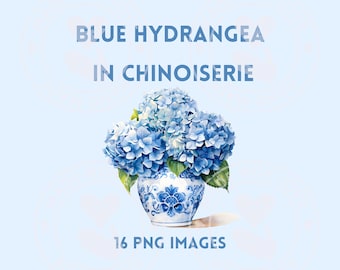 16 blaue Hortensien im Aquarellstil (Chinoiserie), Cliparts, PNG-Bilder, transparenter Hintergrund, sofortiger Download