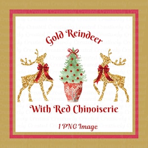 Goldenes Rentier mit rotem Chinoiserie-Planter, Aquarell, Weihnachten, 1 PNG Bild, Urlaub Dekor, Einladungen, Grußkarten, Sofort Download