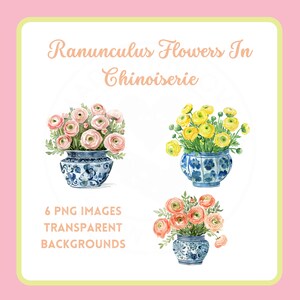 Elegante Ranunculus in Chinoiserie plantenbakken, clipart set, 6 PNG-afbeeldingen, uitnodigingen, stationaire, transparante achtergronden, Instant Download