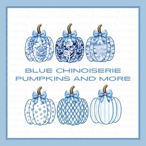 Blauwe en witte chinoiserie en pompoenen met patroon en blauwe strik, 2 png-afbeeldingen, herfstdecor, Halloween, direct downloaden, afdrukken en knippen