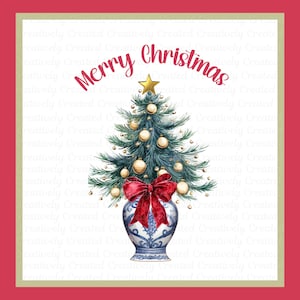 Aquarell Weihnachtsbaum im Chinoiserien-Übertopf mit roter Schleife, PNG Bild, Weihnachtsdekoration, Einladungen, Grußkarten, Sofort Download