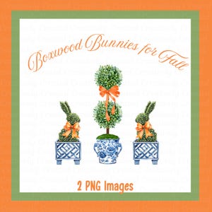 May include: Two topiary bunnies in blue and white planters with orange bows, and a larger topiary tree in a blue and white planter with an orange bow. The text "Boxwood Bunnies for Fall" is at the top of the image.  The text "2 PNG Images" is at the bottom of the image.