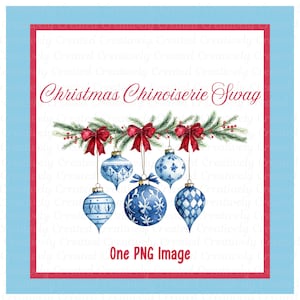 Chinoiserie blauwe en witte kerstversieringen PNG, aquarel clipart, kerstballen digitale download, winterversieringen,