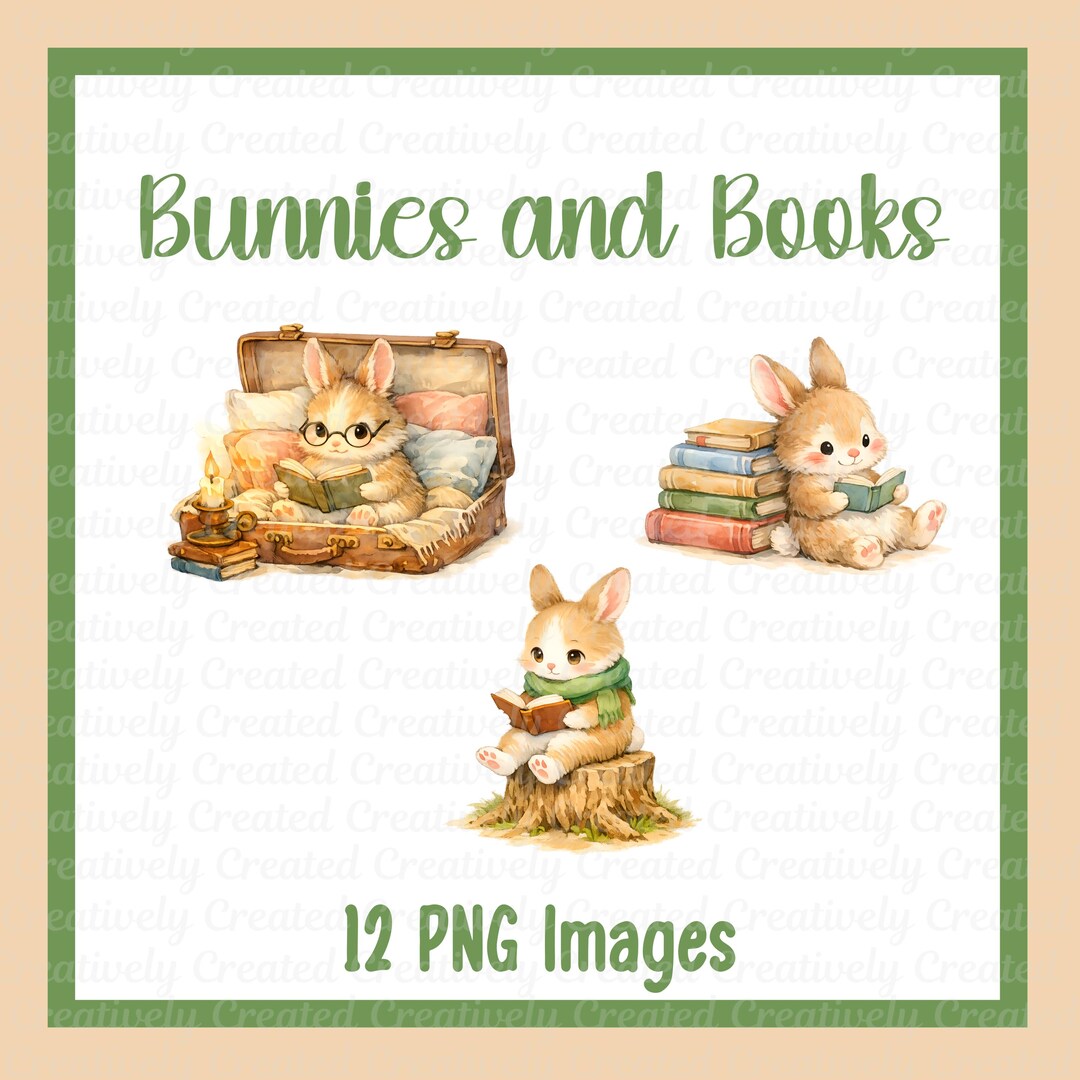 Adorable Cozy Bunny Reading PNG Bundle, Cute Book Lover Rabbit Clipart ...