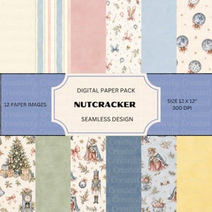 Puede incluir: Un paquete de papel digital con 12 diseños sin costuras con temas de Cascanueces, incluyendo ilustraciones de ratones con trajes reales, árboles de Navidad, adornos y relojes. El texto dice: DIGITAL PAPER PACK, NUTCRACKER, SEAMLESS DESIGN, 12 PAPER IMAGES, SIZE 12 X 12", 300 DPI.
