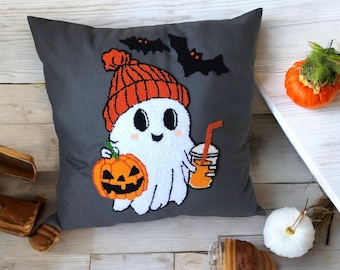 Handmade Spooky Halloween Pillow Cover: Punch Needle Ghost & Pumpkin